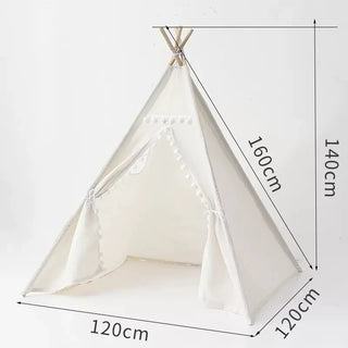 white-cotton-teepee-play-tent-with-wooden-poles-boho-scandi-natural-Nursery-playroom-decor