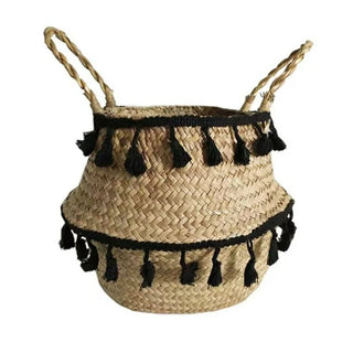 Handwoven Seagrass Storage Basket / Black Fringe