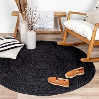 black-hand-made-round-jute-rug-natural-boho-coastal-scandi-contemporary-home-decor