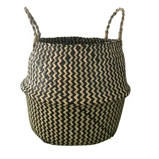 handwoven-natural-and-black-seagrass-storage-basket-with handles-hanging-basket-pot-planter-natural-boho-scandi-home-decor