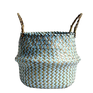 handwoven-natural-and-blue-seagrass-storage-basket-with handles-hanging-basket-pot-planter-natural-boho-scandi-home-decor