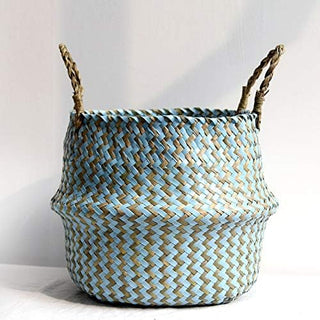 handwoven-natural-and-blue-seagrass-storage-basket-with handles-hanging-basket-pot-planter-natural-boho-scandi-home-decor