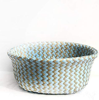 handwoven-natural-and-blue-seagrass-storage-basket-with handles-hanging-basket-pot-planter-natural-boho-scandi-home-decor