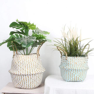 handwoven-natural-and-blue-seagrass-storage-basket-with handles-hanging-basket-pot-planter-natural-boho-scandi-home-decor