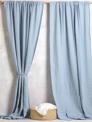 Blue-Linen-Rod-Pocket-Curtain-Panel-Natural-Home-Decor