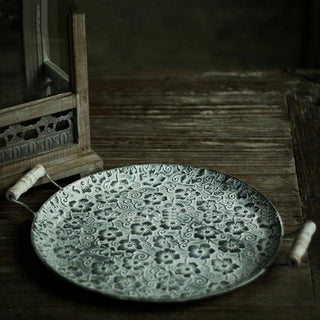 round-floral-embossed-galvanized-iron-tray-metal-serving-plate-with handles-kitchen-tableware-natural-home-decor