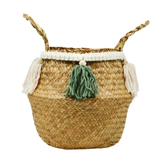 handwoven-natural-seagrass-storage-basket-with handles-and-white-green-tasselled-fringe-hanging-basket-pot-planter-natural-home-decor