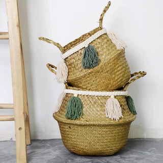 handwoven-natural-seagrass-storage-basket-with handles-and-white-green-tasselled-fringe-hanging-basket-pot-planter-natural-home-decor