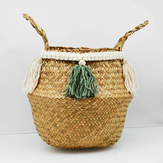 handwoven-natural-seagrass-storage-basket-with handles-and-white-green-tasselled-fringe-hanging-basket-pot-planter-natural-home-decor