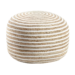 Handwoven Striped Jute Blend Pouf / White