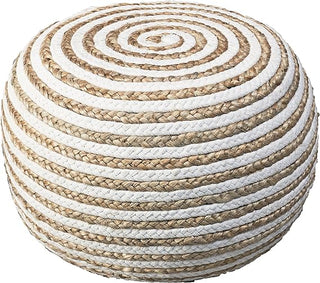 Handwoven Striped Jute Blend Pouf / White