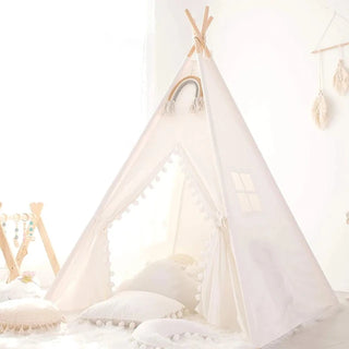 white-cotton-teepee-play-tent-with-wooden-poles-boho-scandi-natural-Nursery-playroom-decor