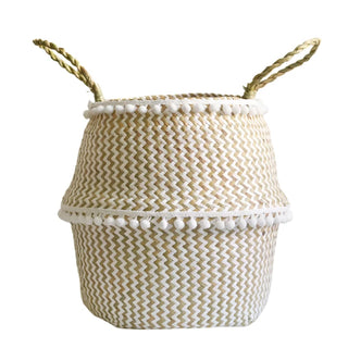 handwoven-natural-and-white-seagrass-storage-basket-with handles-and-pom-pom-fringe-hanging-basket-pot-planter-natural-boho-scandi-home-decor