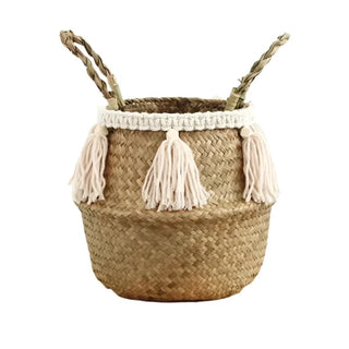 handwoven-natural-seagrass-storage-basket-with handles-and-white-tasselled-fringe-hanging-basket-pot-planter-natural-home-decor