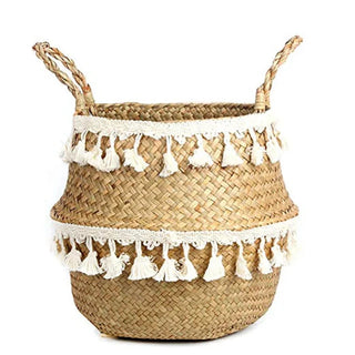 hand-woven-natural-seagrass-storage-basket-with handles-and-white-cotton-fringe-hanging-basket-pot-planter-natural-home-decor